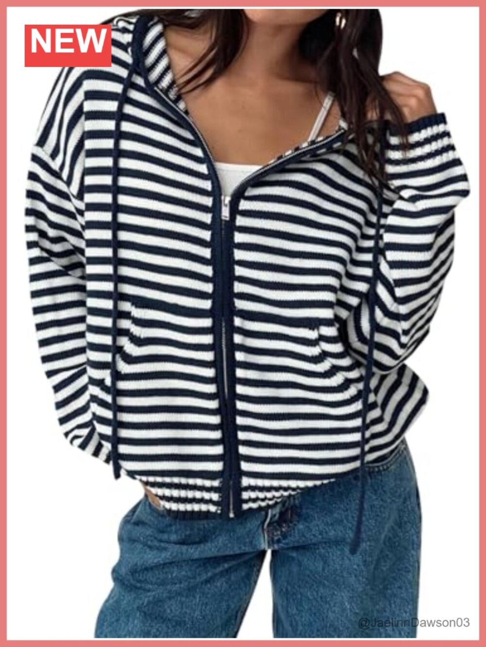 Striped Zip Hoodie Cardigan Oversized Crop Sweater